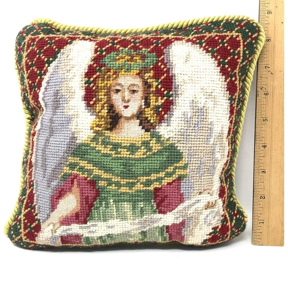 Vintage Victorian Angel Handmade Wool Needlepoint Pillow 9” Green Velvet Back